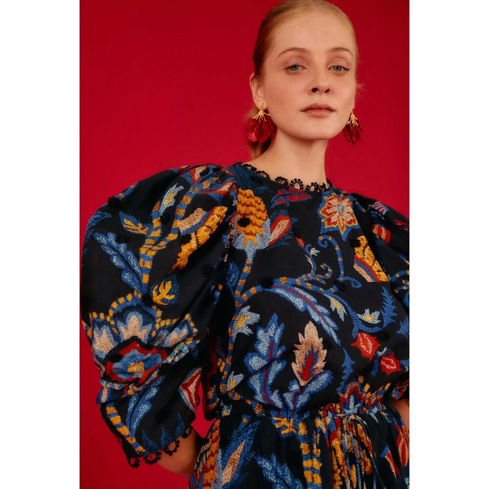 FARM RIO Women Sunset Tapestry Black Puffer Sleeve Mini Dress size M - Picture 4 of 16
